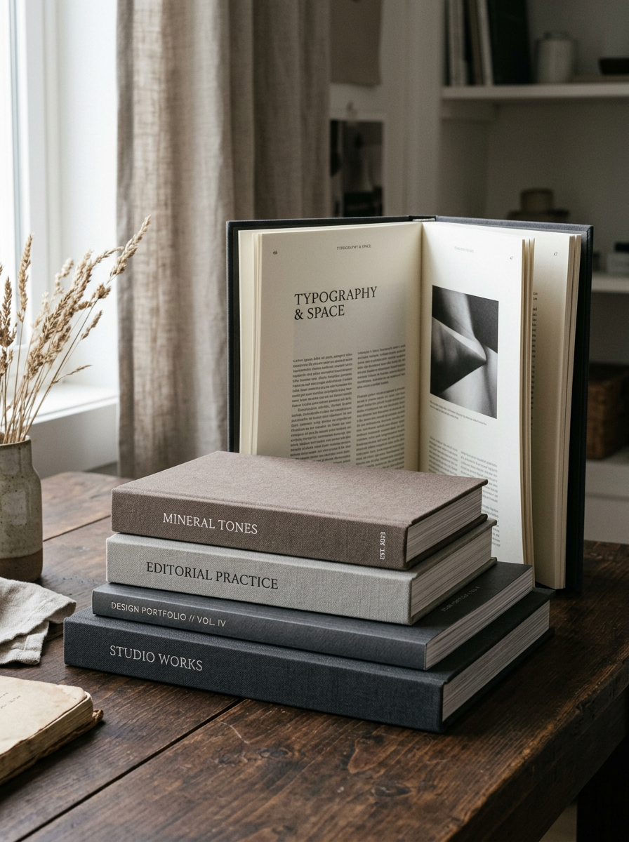 Stack of clothbound books with one open to a wide-margin typographic layout