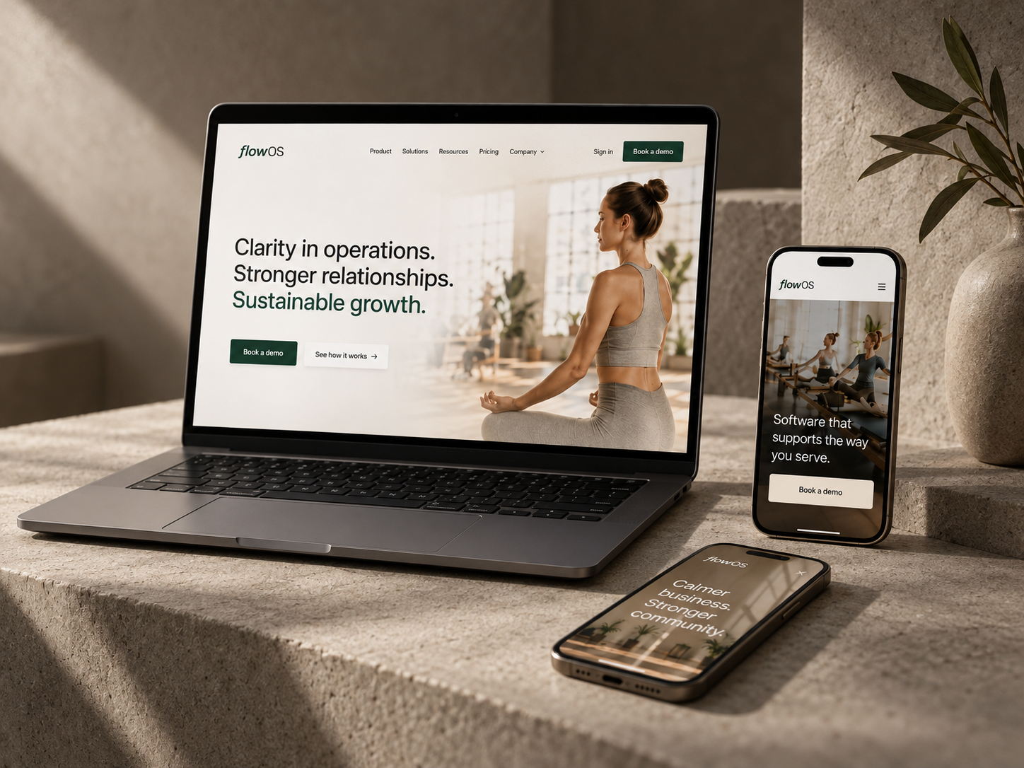 flowOS website shown on a laptop and two phones on a stone ledge