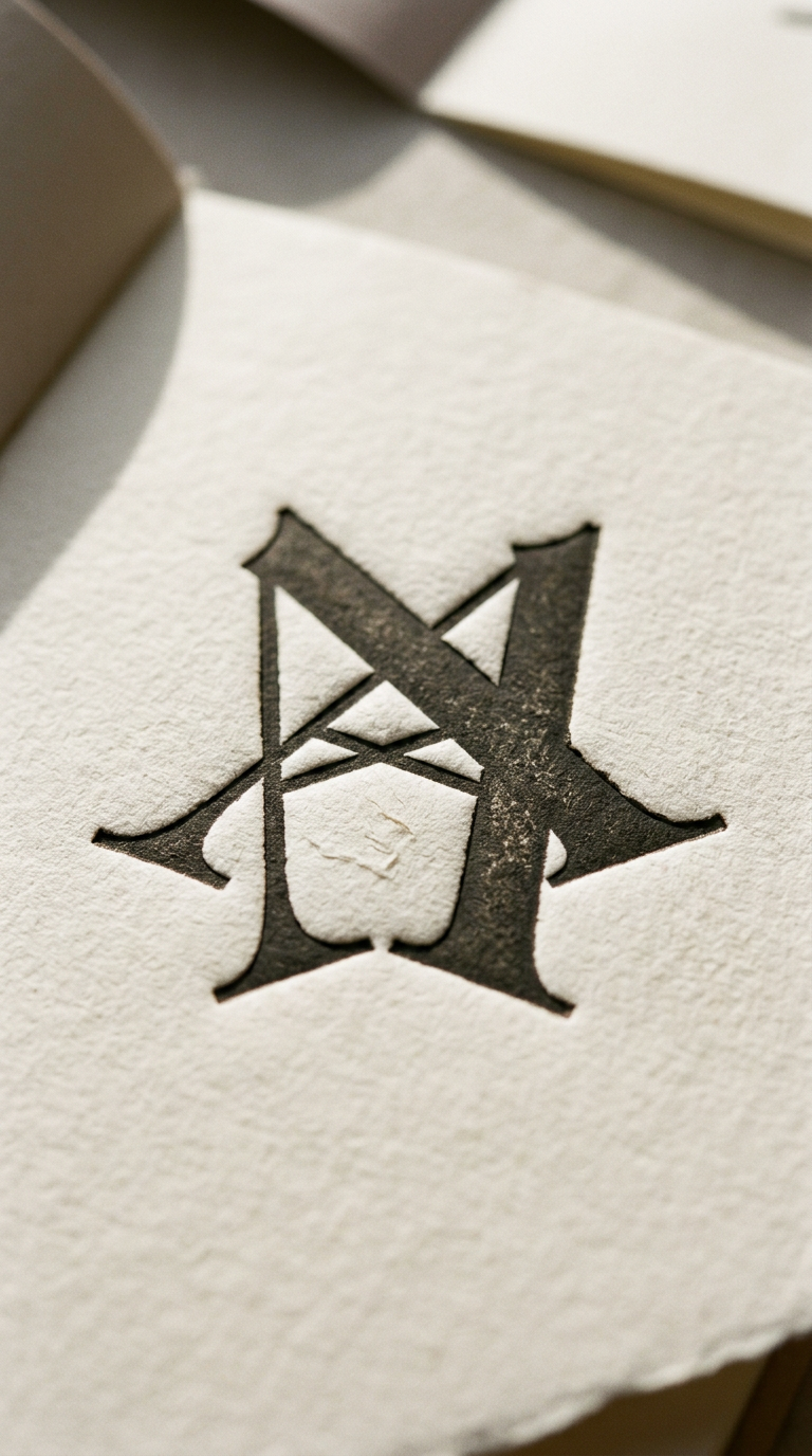 Letterpress serif letterform pressed into thick cotton paper