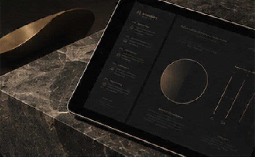 Tablet displaying a dark interface resting on a marble surface