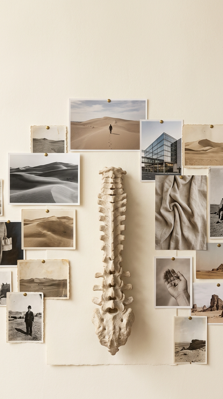 Carved stone spine sculpture surrounded by a collage of desert, architecture and fabric photographs