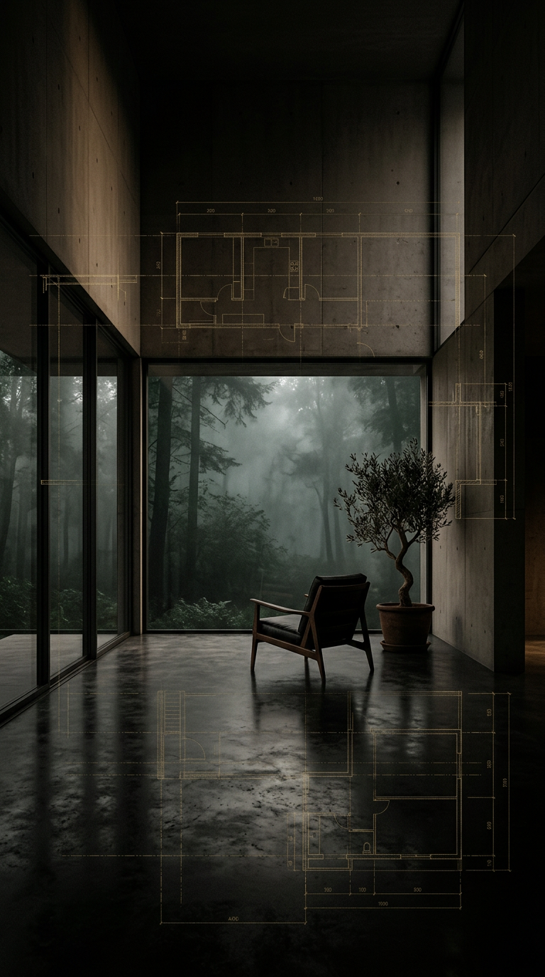 Dark minimalist interior opening onto a misty forest, overlaid with fine gold architectural linework